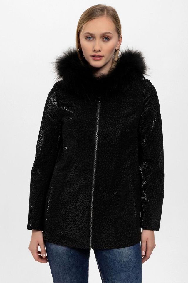 Black Casper Printed Hooded Woman Genuine Shearling Coat