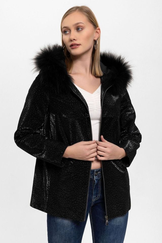 Black Casper Printed Hooded Woman Genuine Shearling Coat