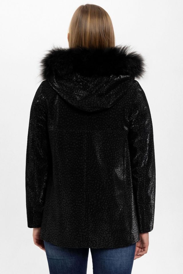 Black Casper Printed Hooded Woman Genuine Shearling Coat