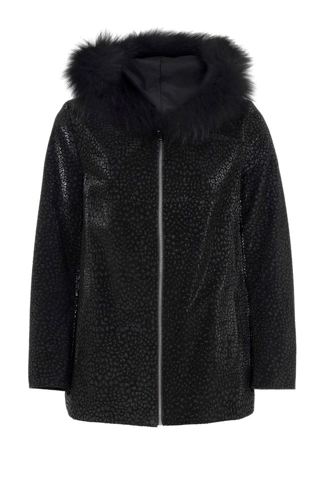 Black Casper Printed Hooded Woman Genuine Shearling Coat