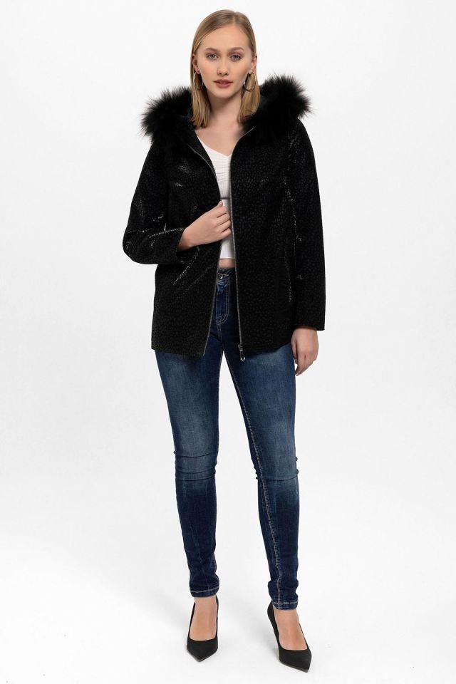 Black Casper Printed Hooded Woman Genuine Shearling Coat