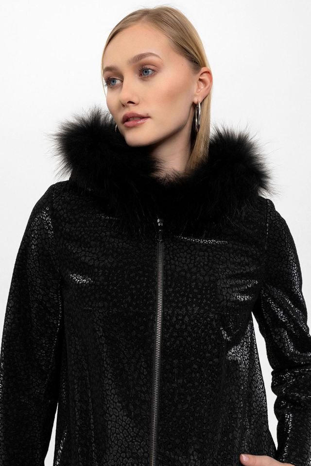 Black Casper Printed Hooded Woman Genuine Shearling Coat