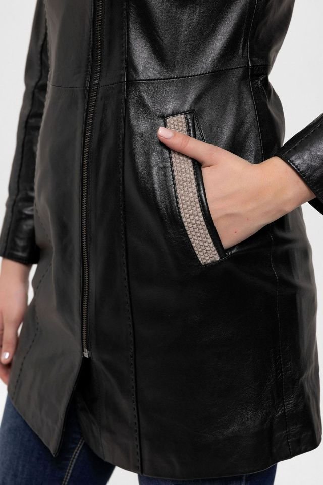 Black Julia Knitwear Hooded Belted Genuine Woman Leather Coat