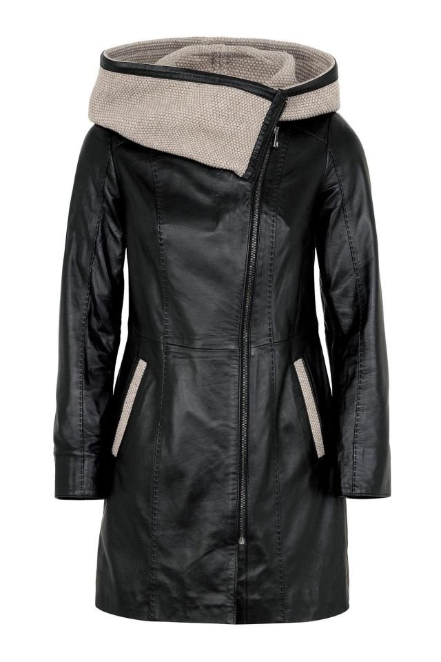 Black Julia Knitwear Hooded Belted Genuine Woman Leather Coat
