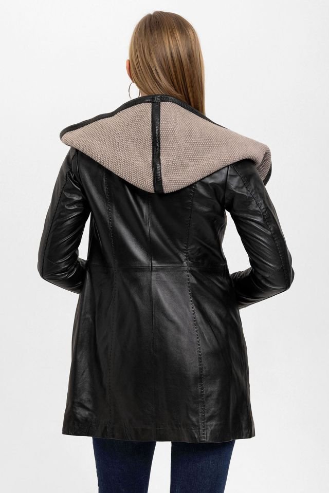 Black Julia Knitwear Hooded Belted Genuine Woman Leather Coat