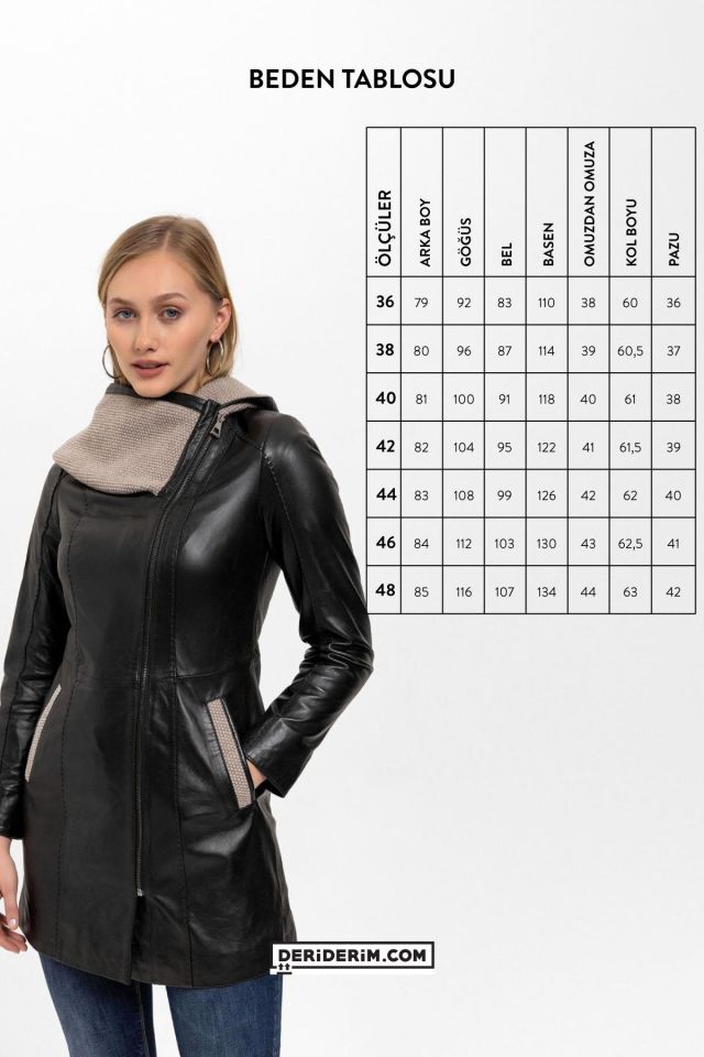 Black Julia Knitwear Hooded Belted Genuine Woman Leather Coat