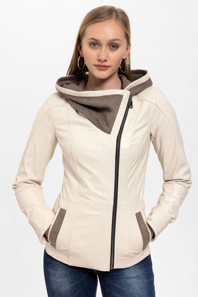 Beige Antonia Knitwear Hooded Woman Genuine Leather Jacket