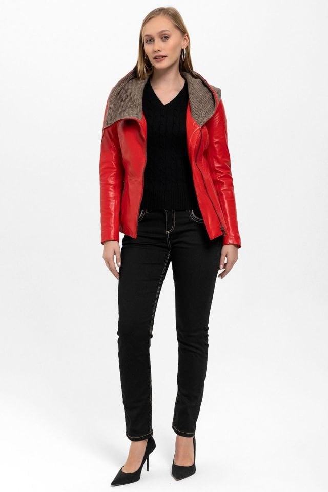Red Antonia Knitwear Hooded Woman Genuine Leather Jacket