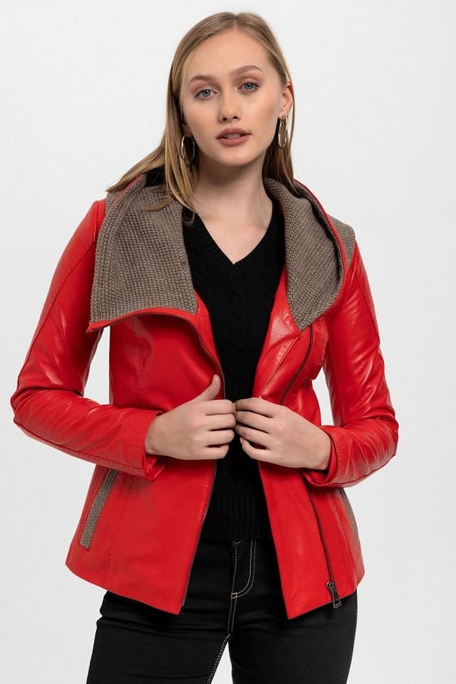 Red Antonia Knitwear Hooded Woman Genuine Leather Jacket