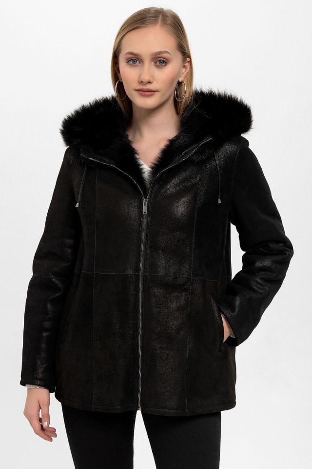 Yenni Silvery Black Woman Genuine Shearling Coat