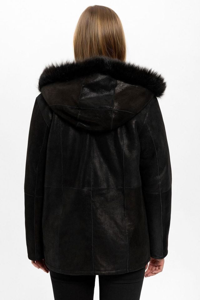 Yenni Silvery Black Woman Genuine Shearling Coat
