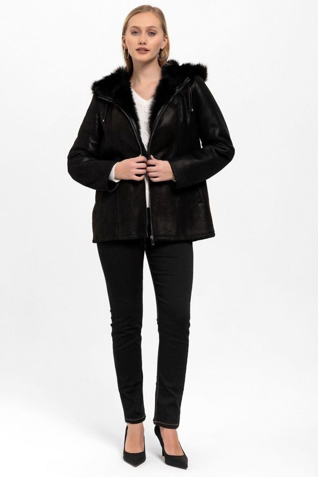 Yenni Silvery Black Woman Genuine Shearling Coat