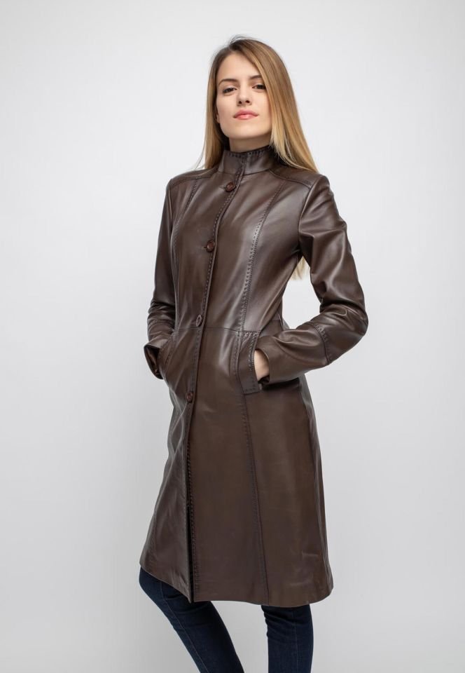 Brown Laura Fit Cut  Genuine Leather Woman Long Coat