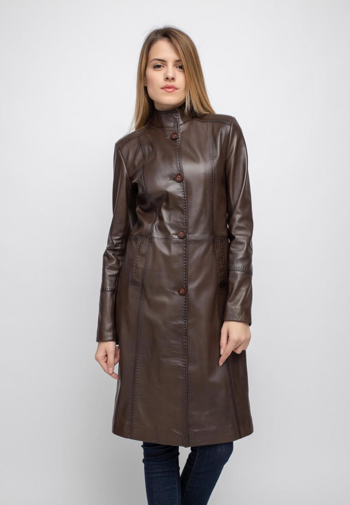 Brown Laura Fit Cut  Genuine Leather Woman Long Coat