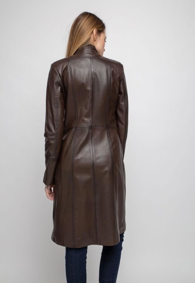 Brown Laura Fit Cut  Genuine Leather Woman Long Coat