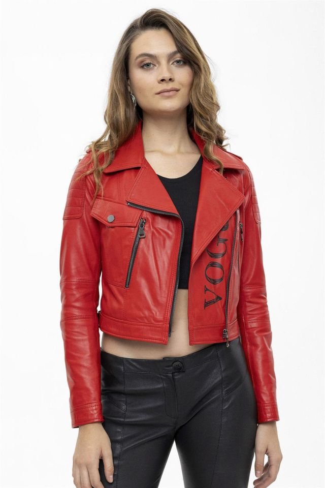 Red Vogue Woman Genuine Leather Biker Jacket