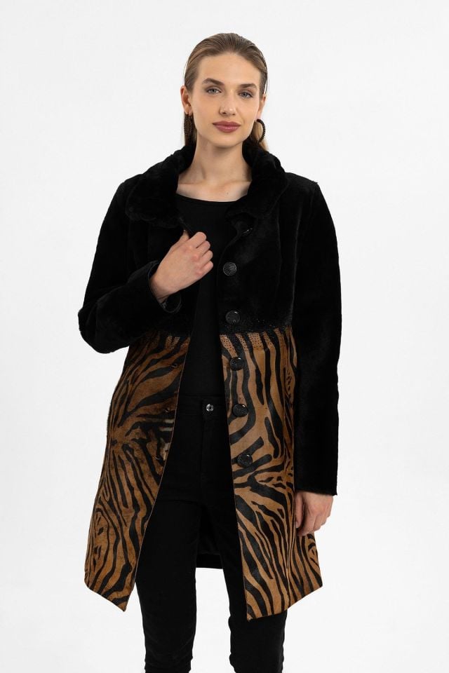 Jade Black and Leopard Print Woman Genuine Shearling Coat