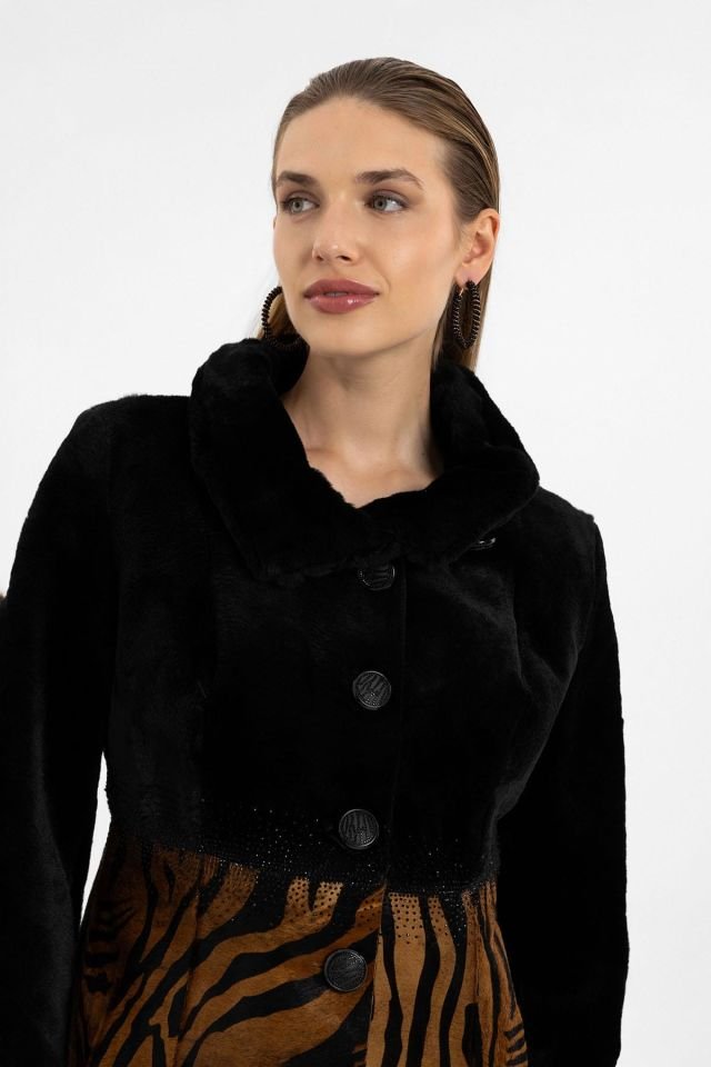 Jade Black and Leopard Print Woman Genuine Shearling Coat