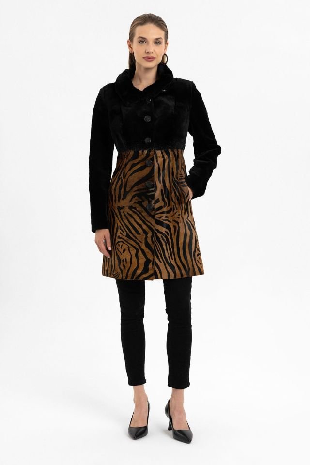 Jade Black and Leopard Print Woman Genuine Shearling Coat