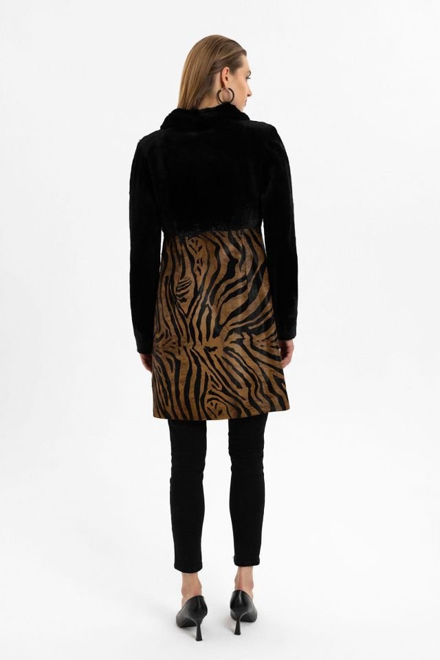 Jade Black and Leopard Print Woman Genuine Shearling Coat