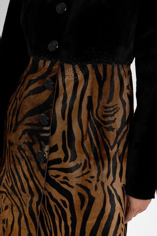 Jade Black and Leopard Print Woman Genuine Shearling Coat