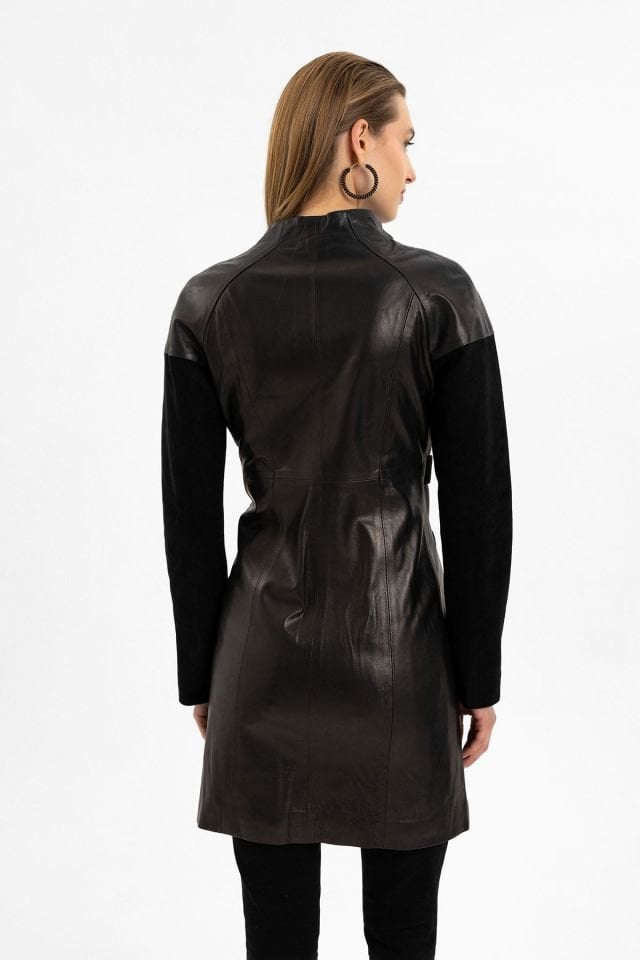 Valdo Black Woman Slim Fit Genuine Leather Coat
