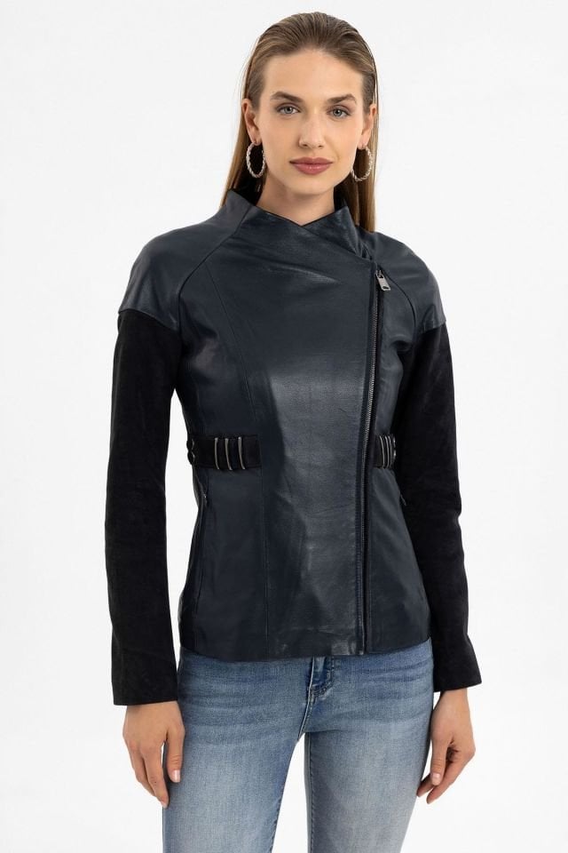 Relis Navy Blue Woman Genuine Leather Jacket