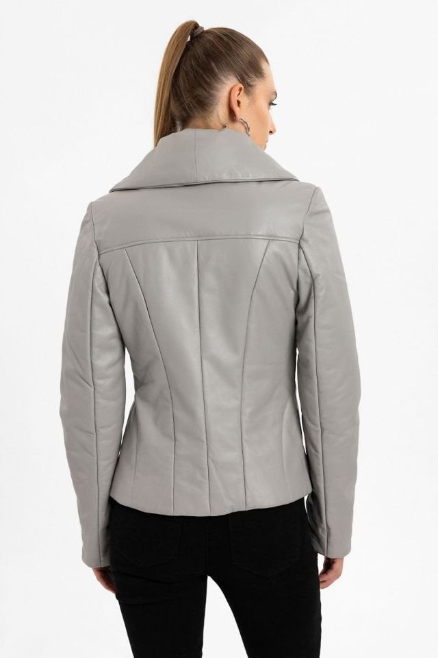 Vanesa Grey Stitched Woman Genuine Leather Coat