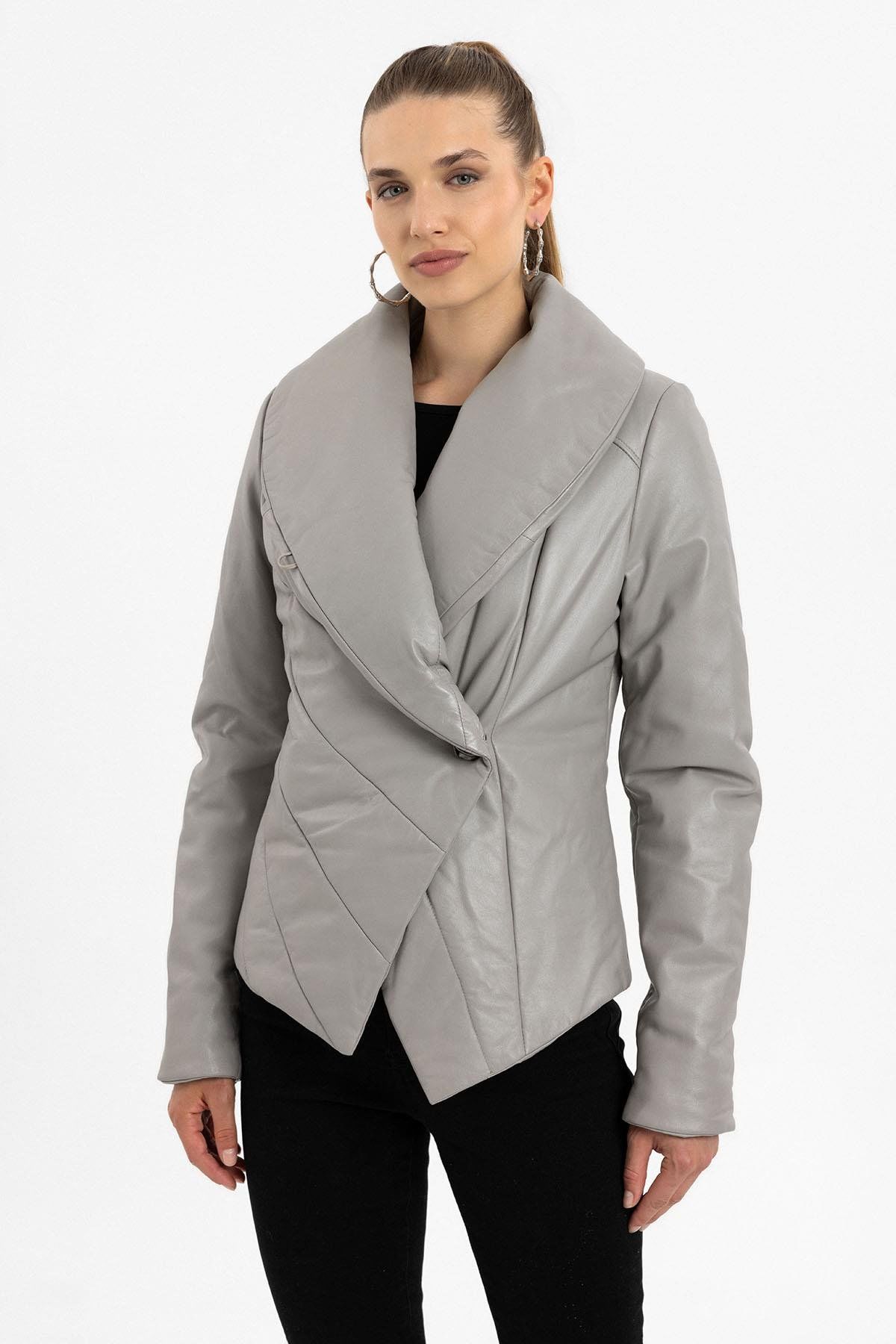 Vanesa Grey Stitched Woman Genuine Leather Coat