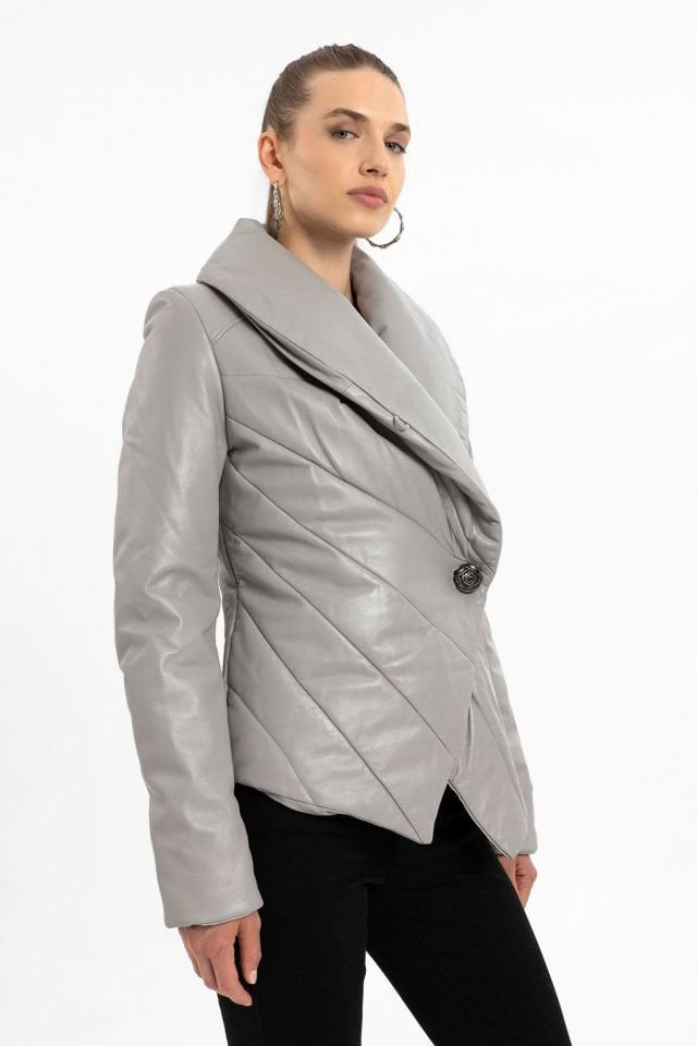 Vanesa Grey Stitched Woman Genuine Leather Coat