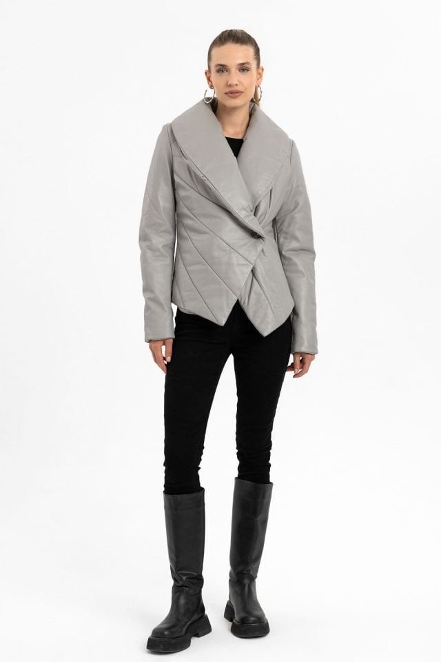 Vanesa Grey Stitched Woman Genuine Leather Coat