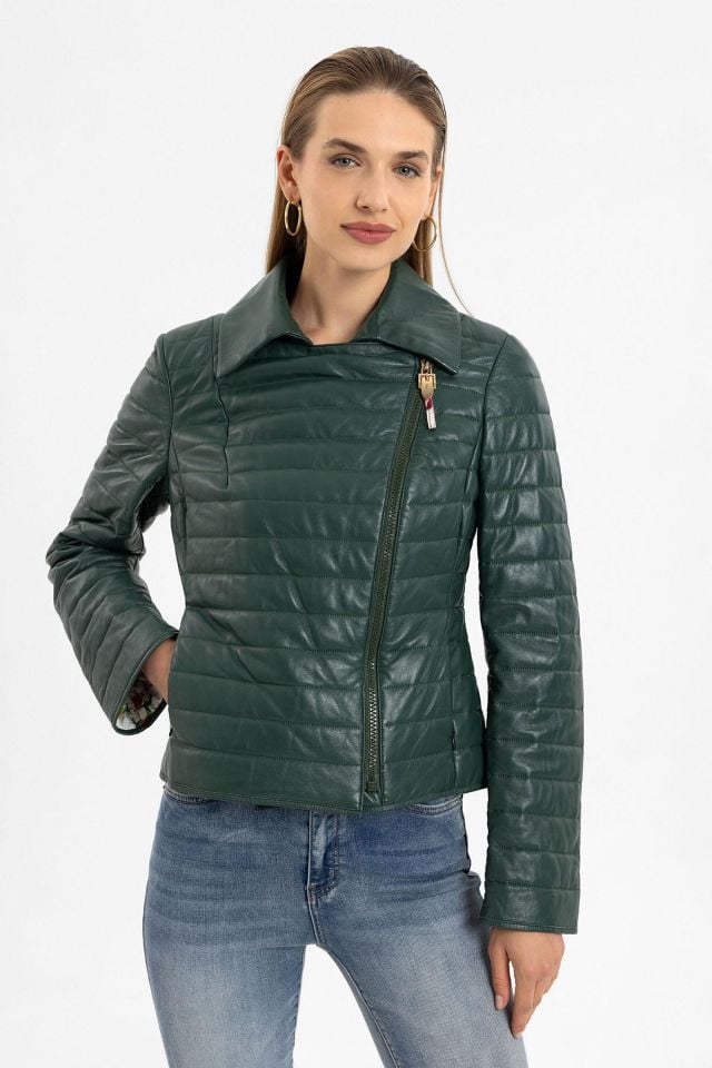 Green Elise Woman Quilted Stitched Genuine Leather Jacket