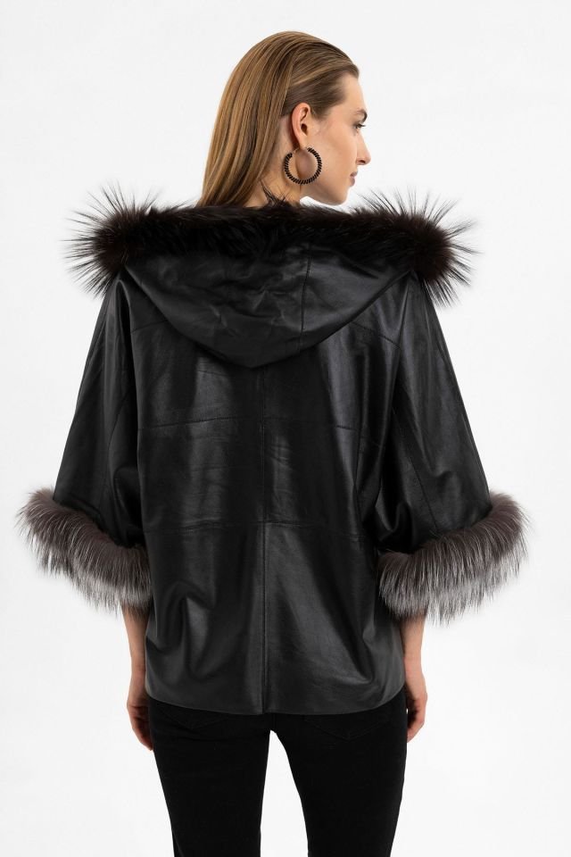 Lulu Black Poncho Double Sided Genuine Leather Coat