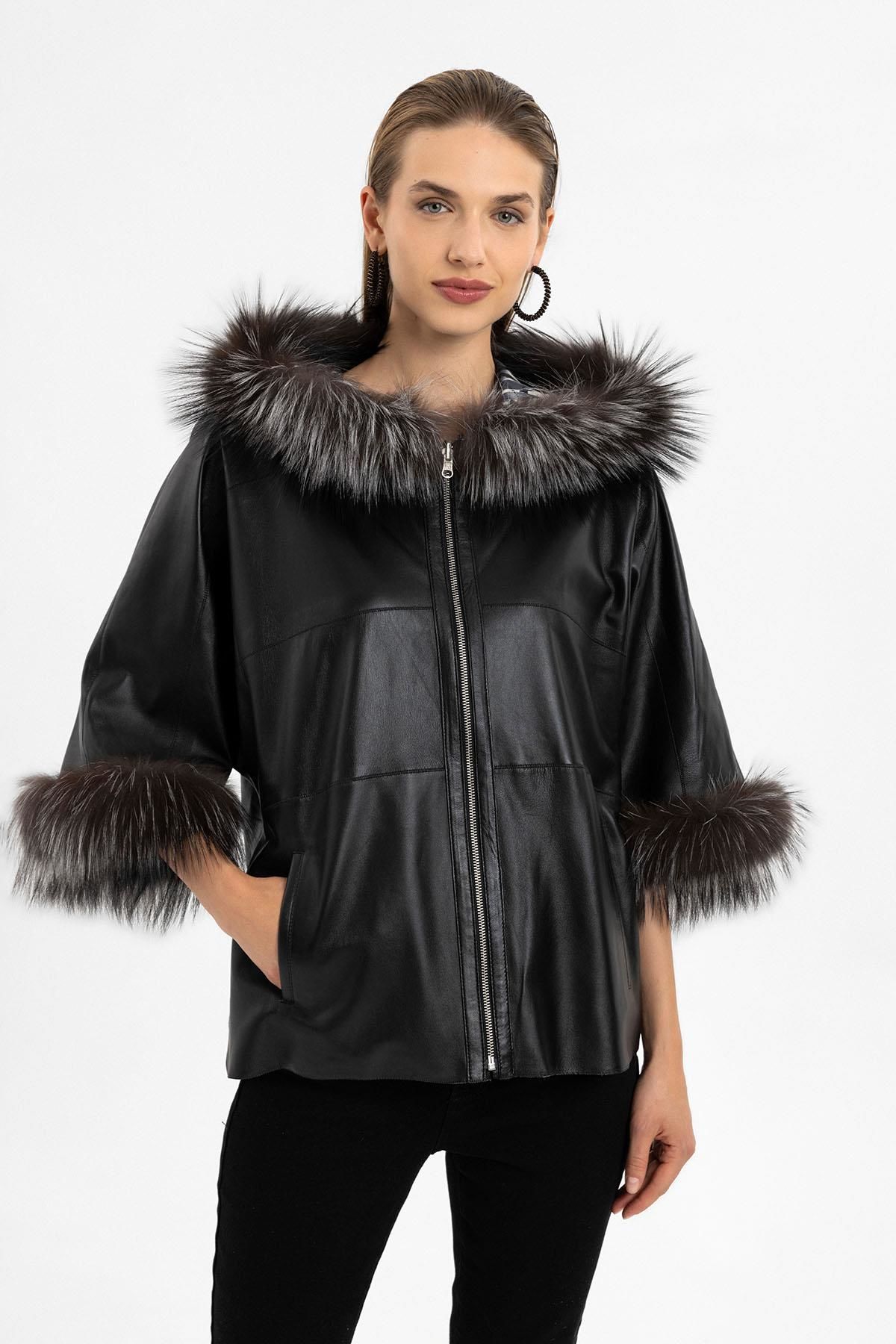 Lulu Black Poncho Double Sided Genuine Leather Coat