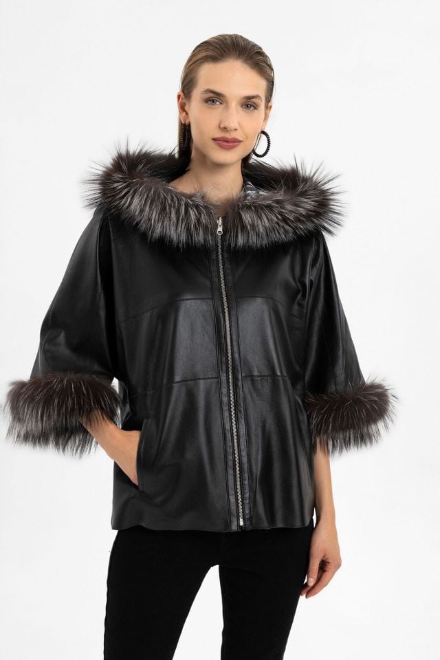 Lulu Black Poncho Double Sided Genuine Leather Coat