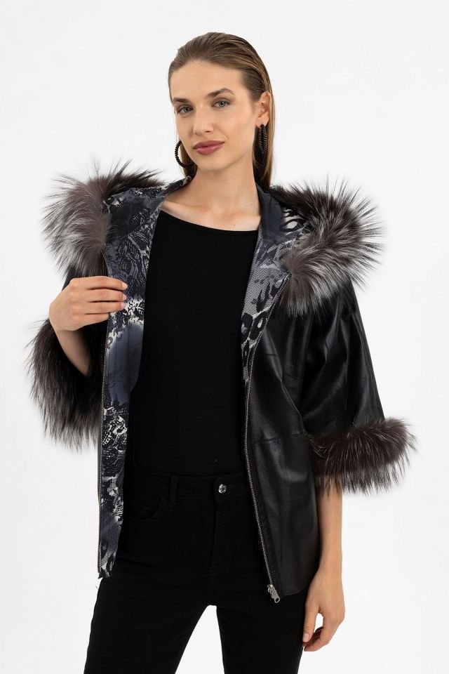 Lulu Black Poncho Double Sided Genuine Leather Coat