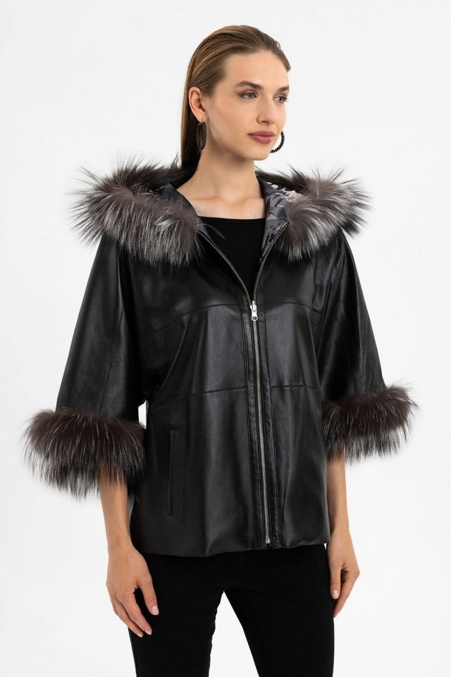 Lulu Black Poncho Double Sided Genuine Leather Coat