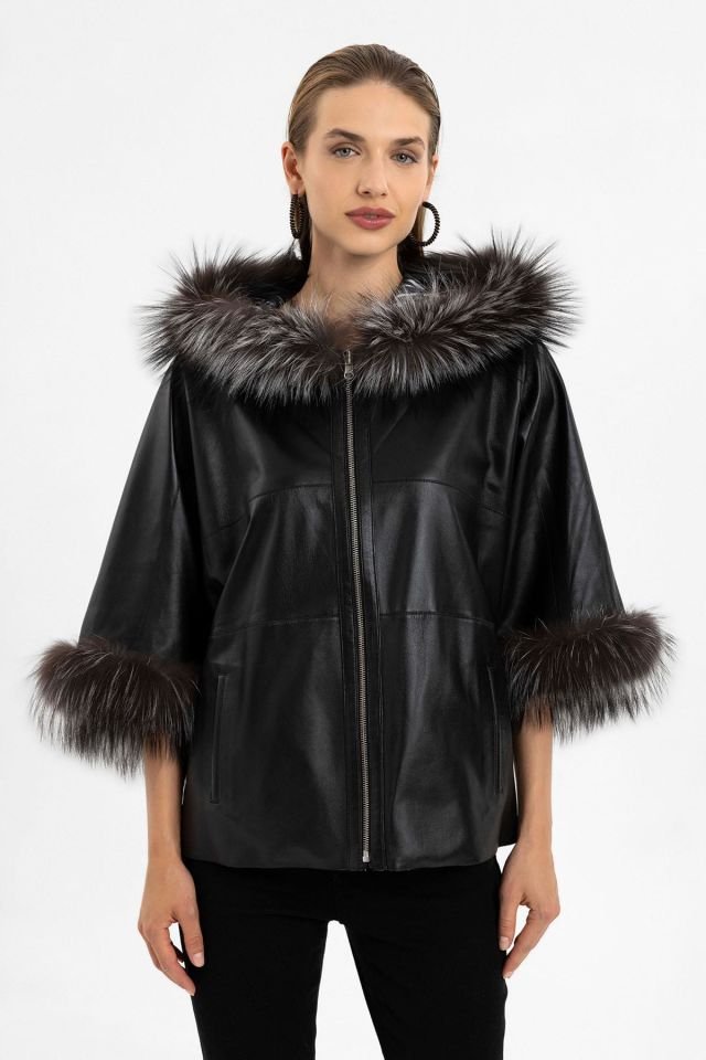 Lulu Black Poncho Double Sided Genuine Leather Coat