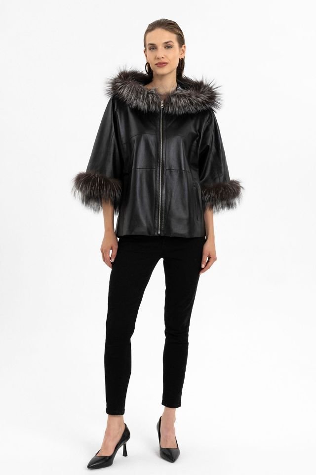 Lulu Black Poncho Double Sided Genuine Leather Coat