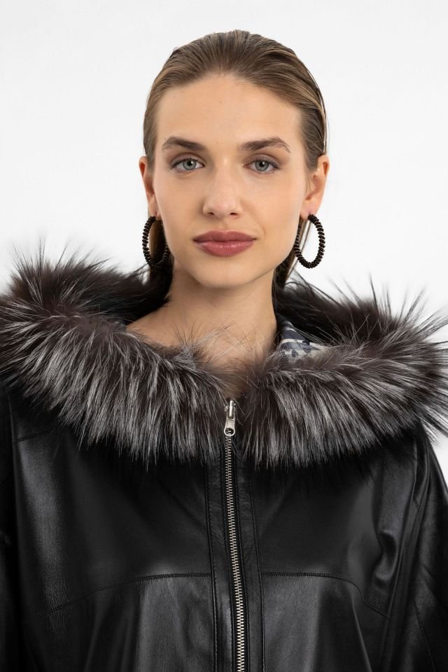 Lulu Black Poncho Double Sided Genuine Leather Coat