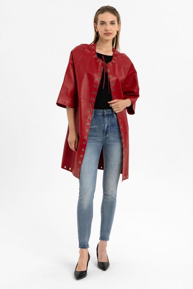 Camila Red Woman Genuine Leather Coat