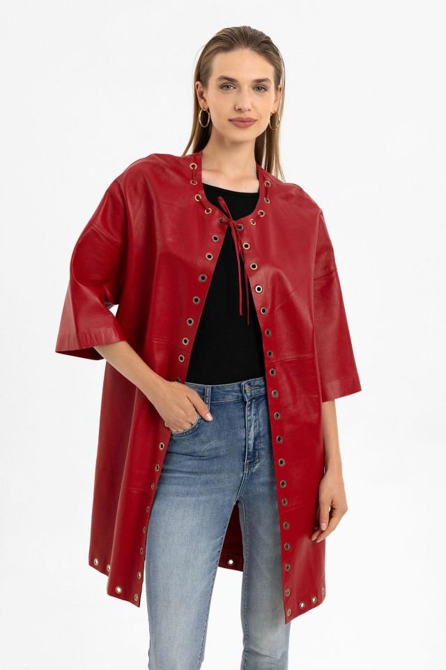 Camila Red Woman Genuine Leather Coat