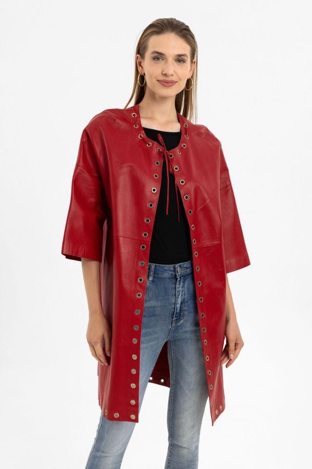 Camila Red Woman Genuine Leather Coat