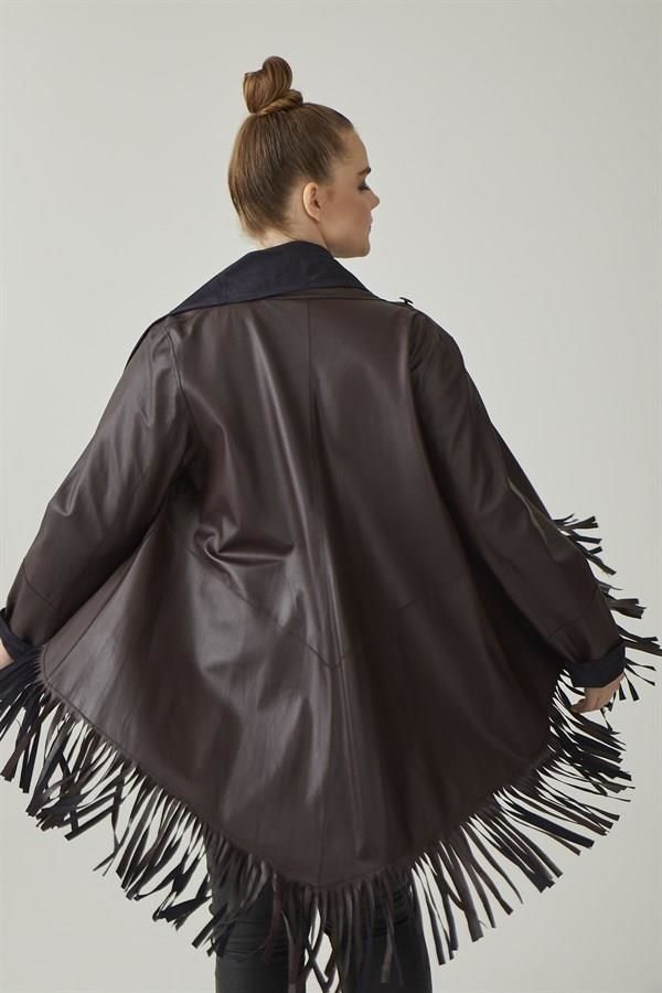 Navy Blue Reversible Tassel Woman Genuine Suede Leather Poncho