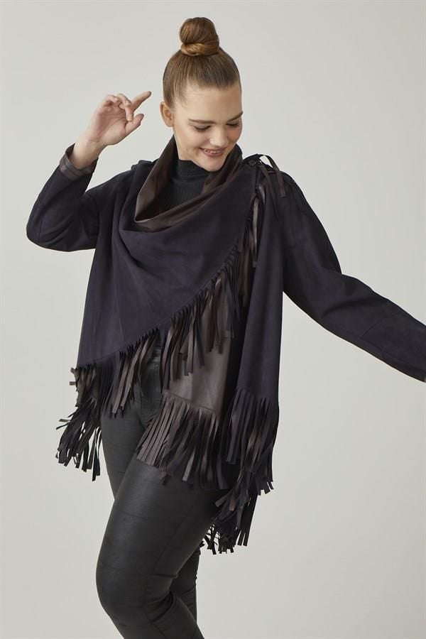 Navy Blue Reversible Tassel Woman Genuine Suede Leather Poncho