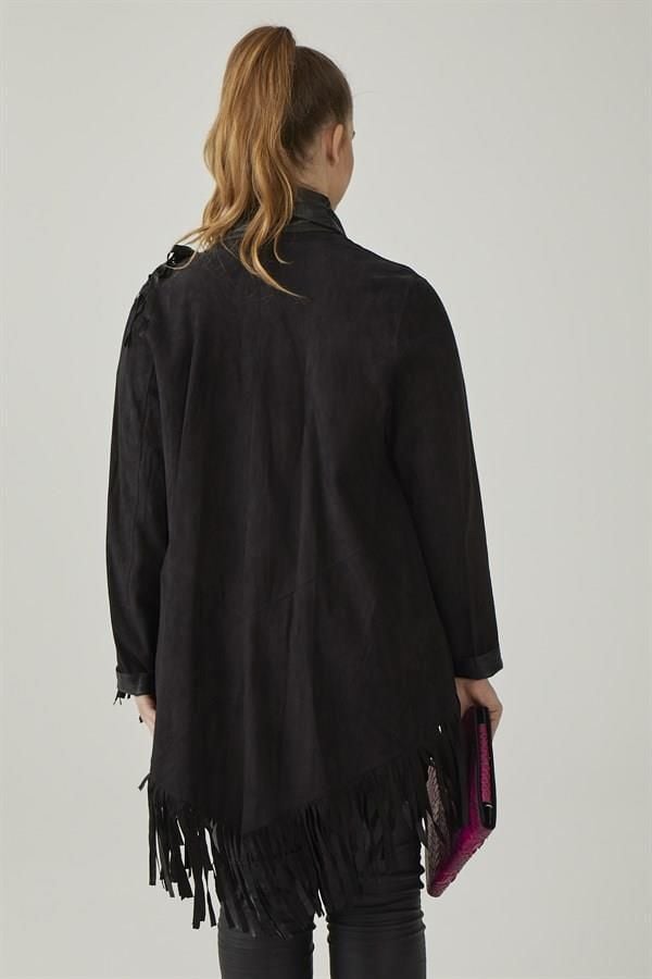 Black Reversible Tassel Woman Genuine Suede Leather Poncho