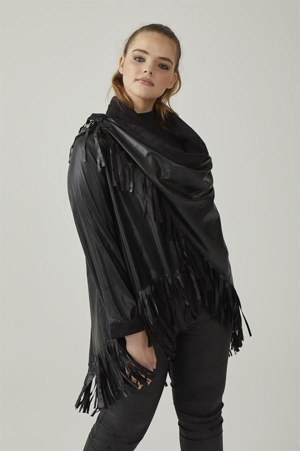 Black Reversible Tassel Woman Genuine Suede Leather Poncho