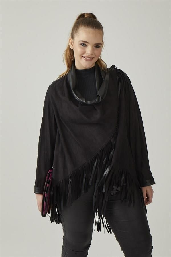 Black Reversible Tassel Woman Genuine Suede Leather Poncho