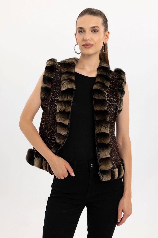 Brown Woman Leopard Genuine Shearling Vest