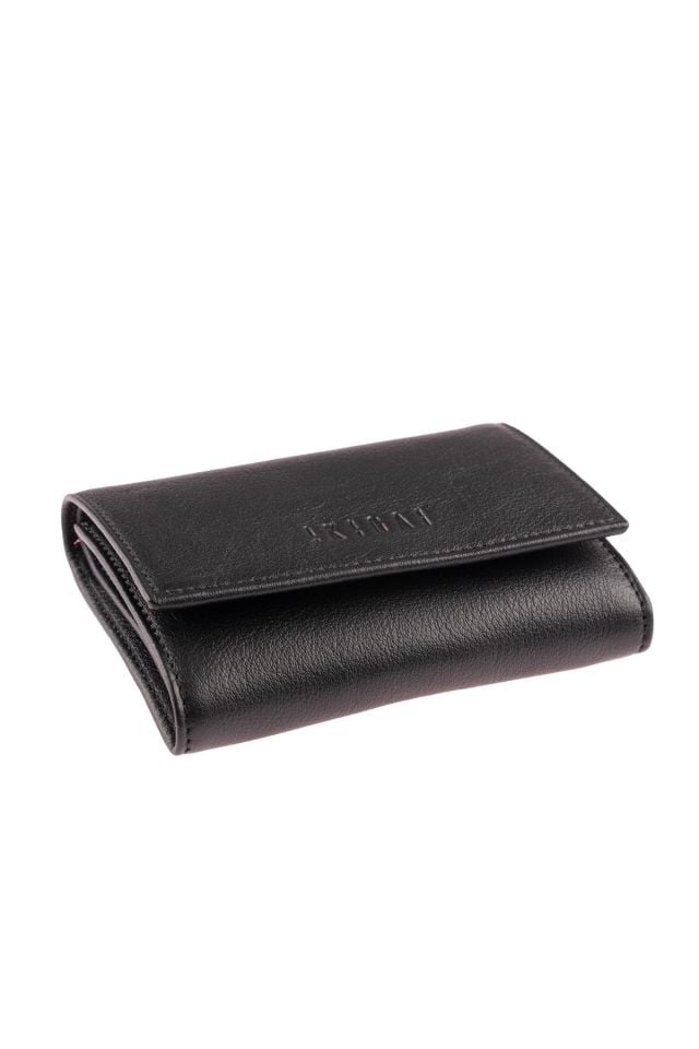 Black Genuine Leather Card Holder and ID Section Small Wallet with Coin Pocket